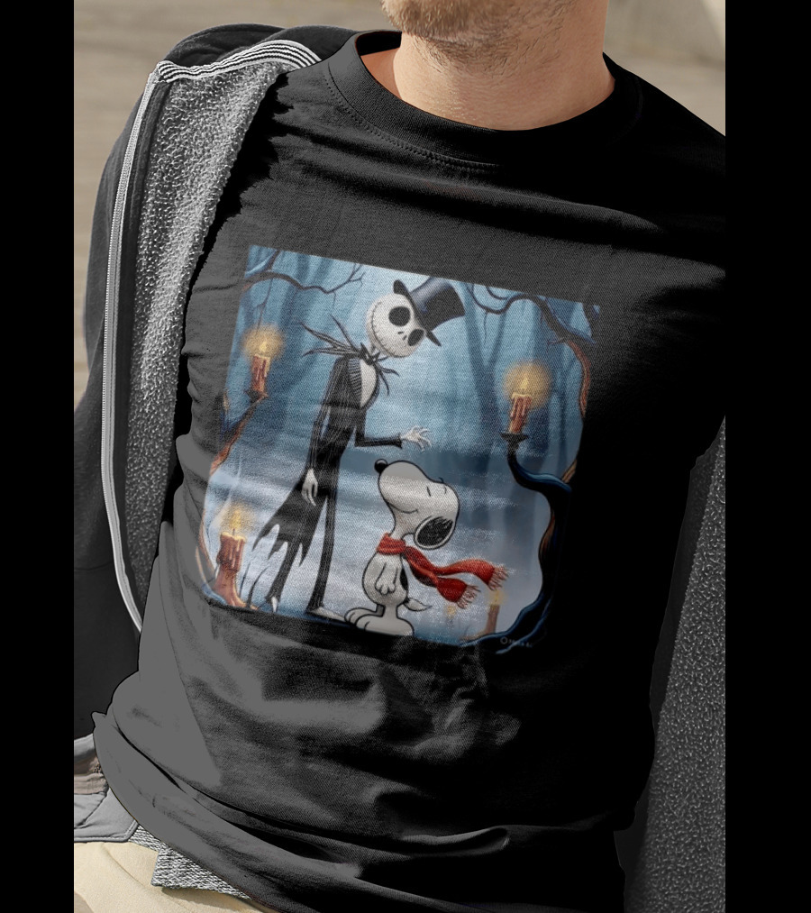 The Nightmare Before Christmas Jack Skellington And Snoopy Candles In Haunted Forest T-Shirt