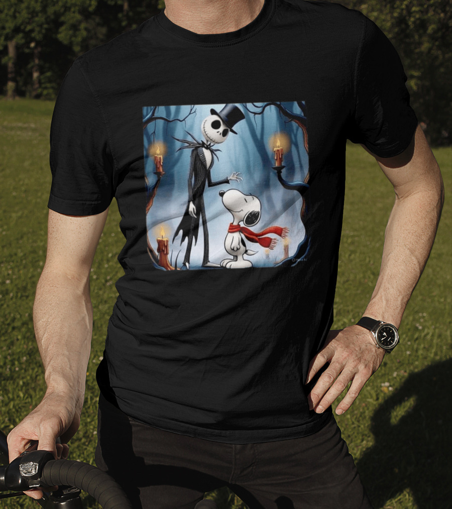 The Nightmare Before Christmas Jack Skellington And Snoopy Candles In Haunted Forest T-Shirt