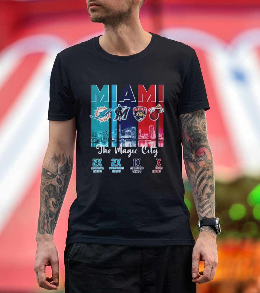 MIAMI The Magic City Dolphins Marlins Panthers Heat Champs T-Shirt