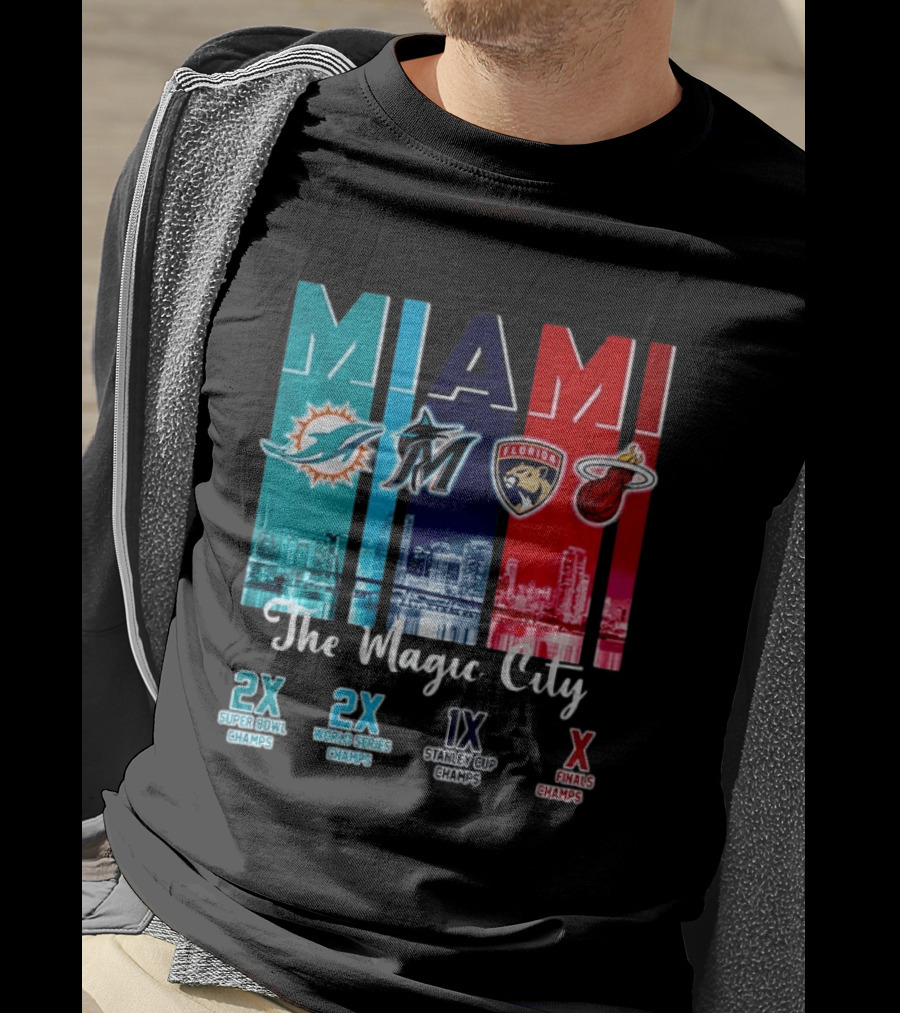 MIAMI The Magic City Dolphins Marlins Panthers Heat Champs T-Shirt