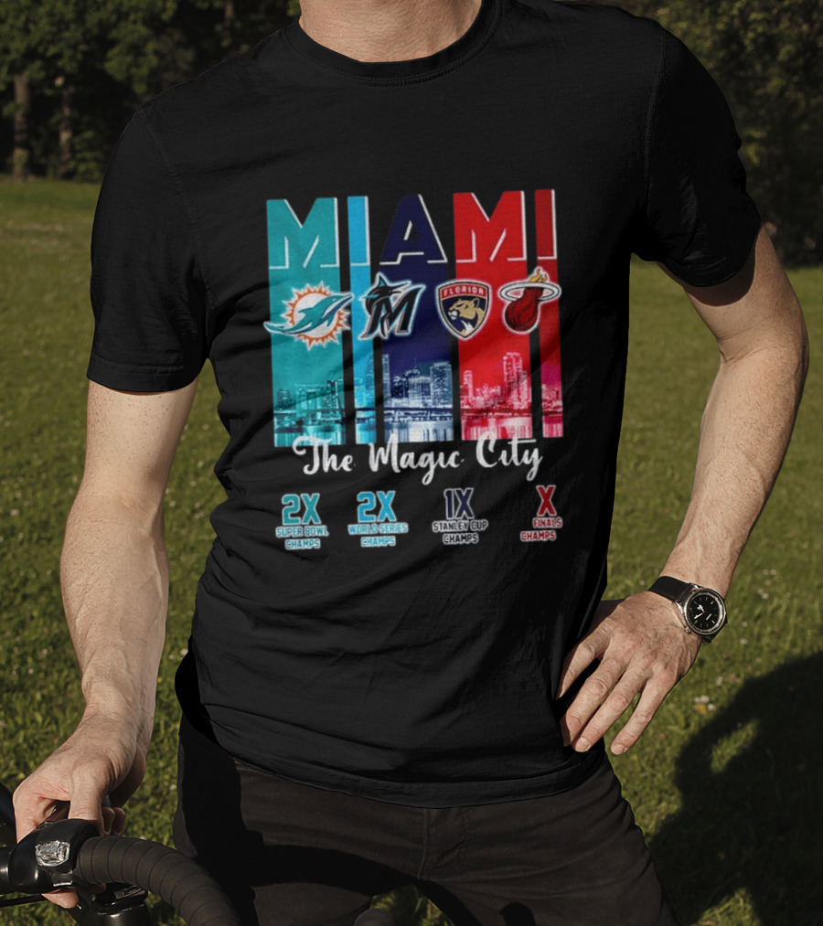 MIAMI The Magic City Dolphins Marlins Panthers Heat Champs T-Shirt