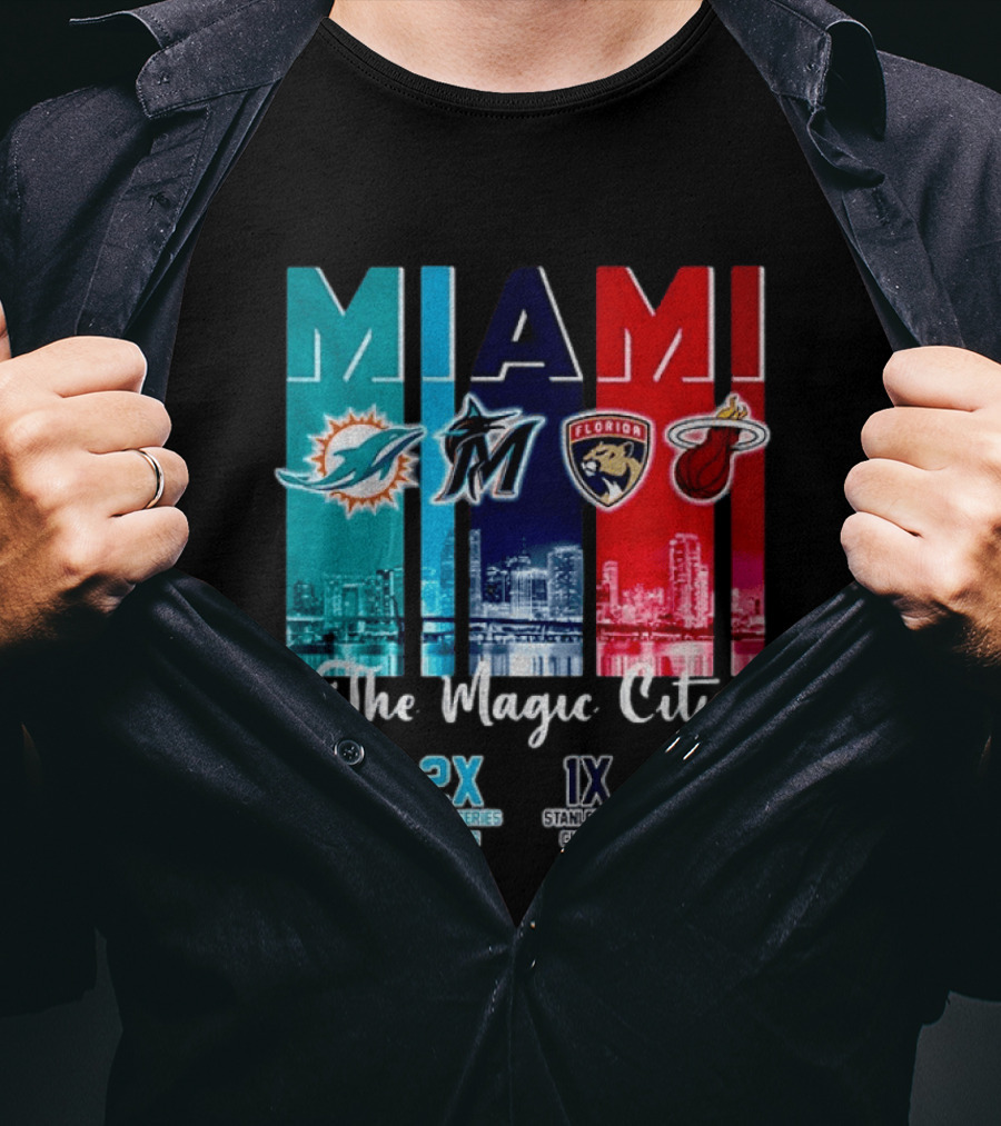 MIAMI The Magic City Dolphins Marlins Panthers Heat Champs T-Shirt