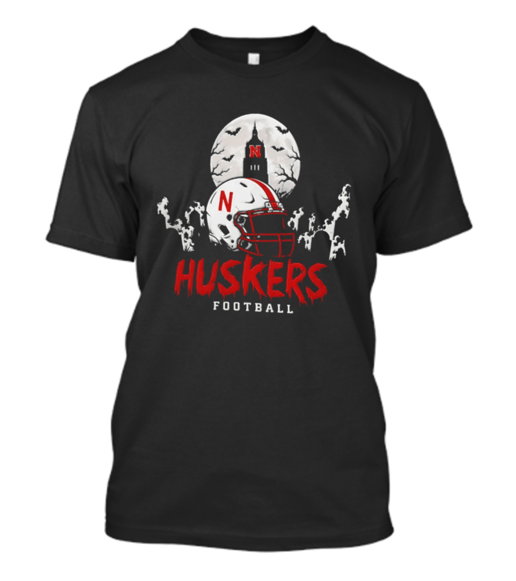 Nebraska Huskers Football Halloween Spooky Helmet Bats Moon 2026 T-Shirt