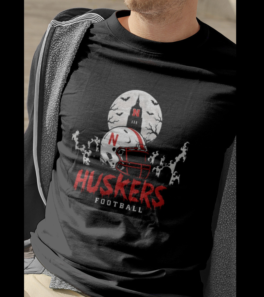 Nebraska Huskers Football Halloween Spooky Helmet Bats Moon 2026 T-Shirt