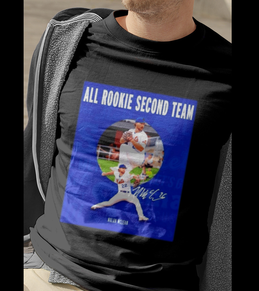 Nolan McLean No 22 Mets All Rookie Second Team Signature Pitching Action T-Shirt