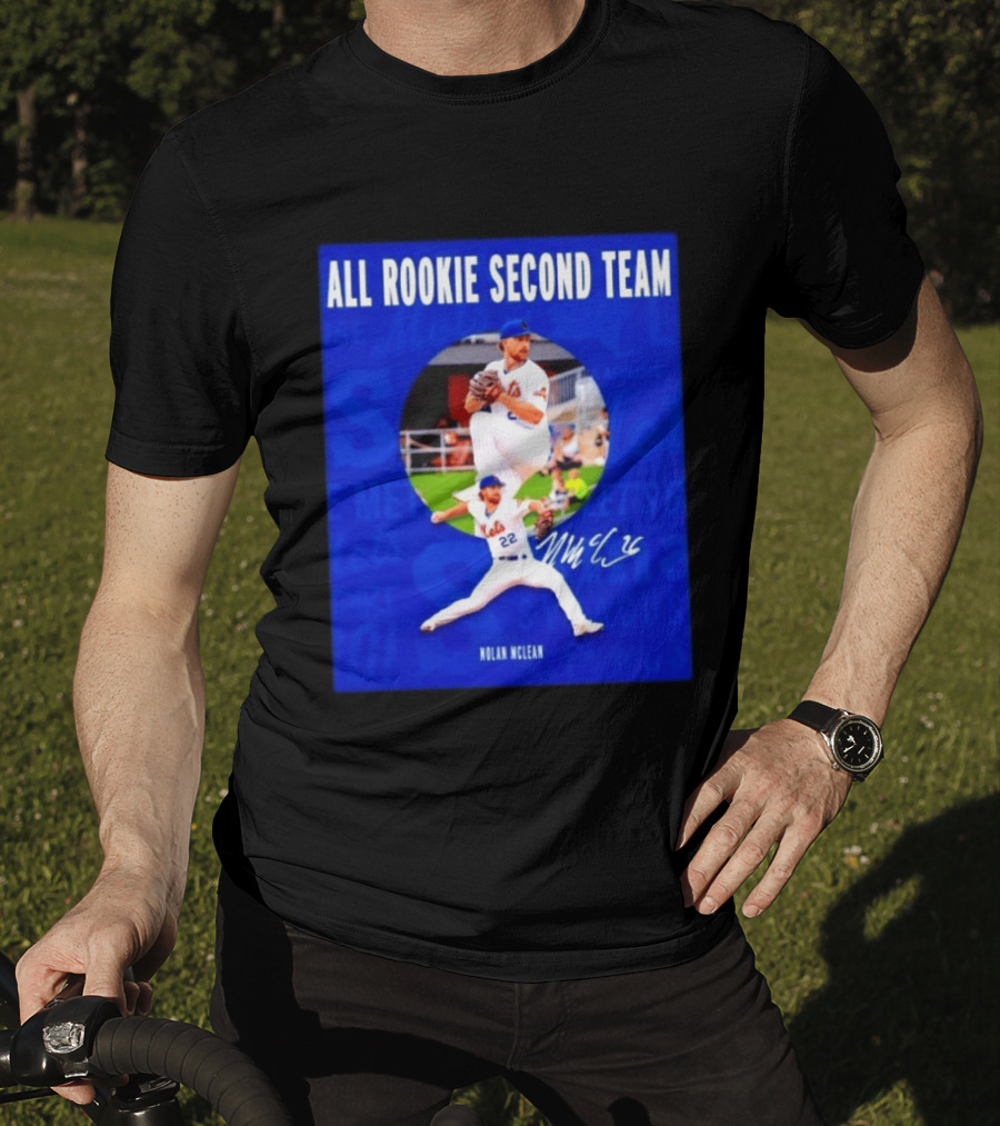 Nolan McLean No 22 Mets All Rookie Second Team Signature Pitching Action T-Shirt