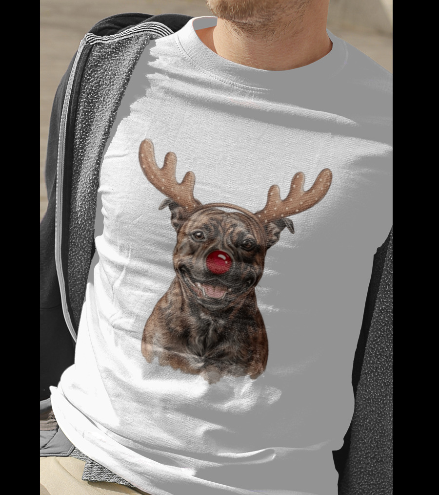 Brindle Pit Bull With Reindeer Antlers And Red Nose T-Shirt