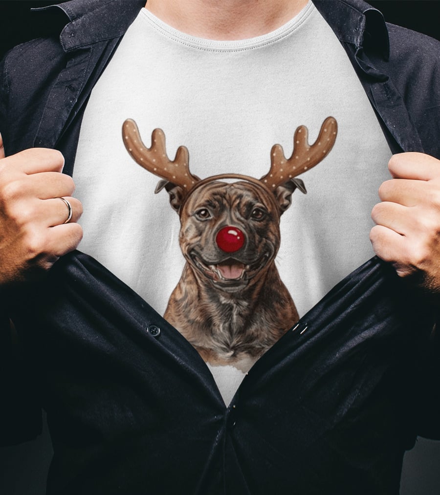 Brindle Pit Bull With Reindeer Antlers And Red Nose T-Shirt