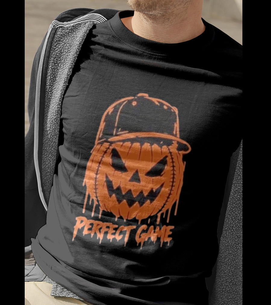 Perfect Game Halloween Pumpkin Baseball Hat Creepy Face T-Shirt