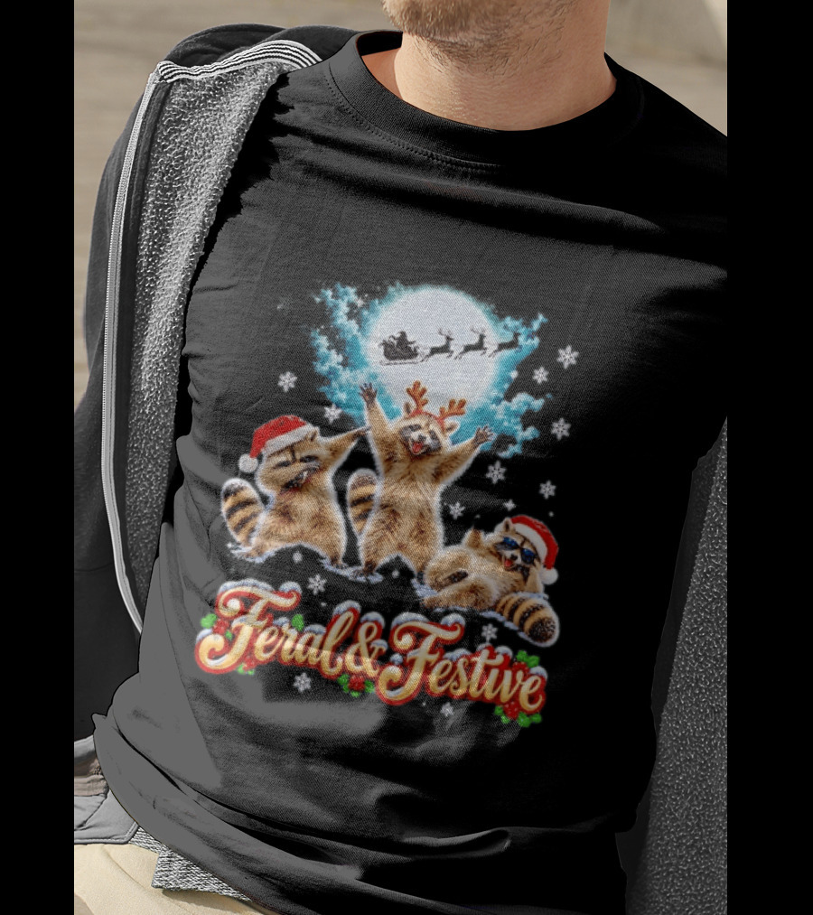 Feral And Festive Raccoons Christmas Holiday Santa And Reindeer T-Shirt