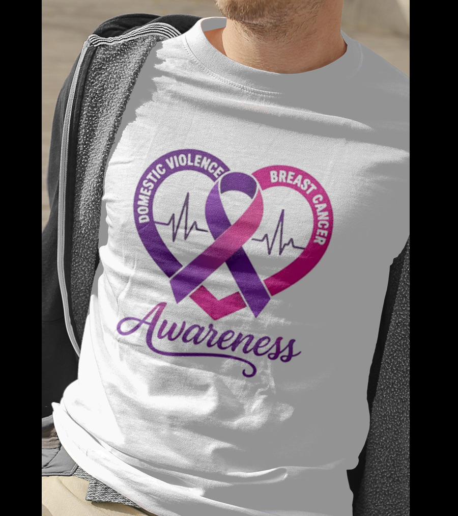 Domestic Violence And Breast Cancer Awareness Heart Ribbon Purple Pink T-Shirt
