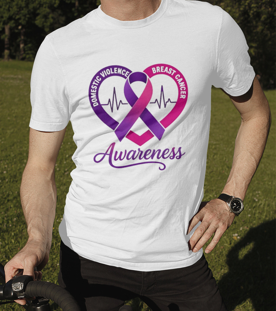 Domestic Violence And Breast Cancer Awareness Heart Ribbon Purple Pink T-Shirt