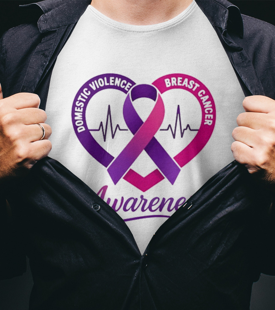 Domestic Violence And Breast Cancer Awareness Heart Ribbon Purple Pink T-Shirt