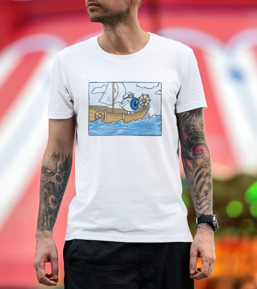 Eye Eye Captain Cartoon Eyeball Sailor Steering Ship Ocean Waves T-Shirt
