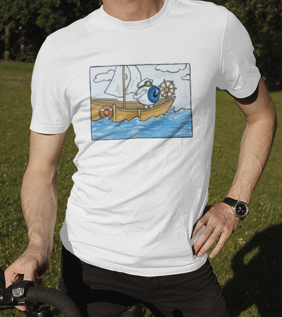 Eye Eye Captain Cartoon Eyeball Sailor Steering Ship Ocean Waves T-Shirt