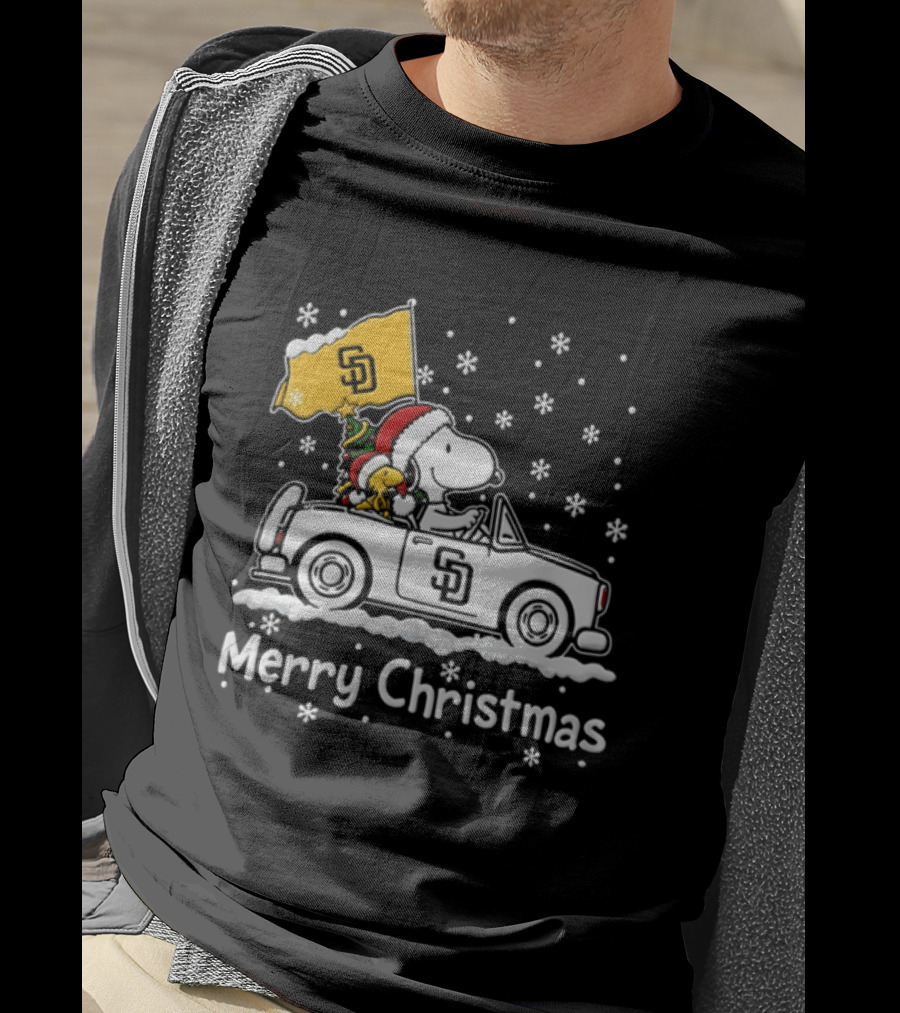 Snoopy And Woodstock Driving San Diego Padres Car Merry Christmas 2026 T-Shirt