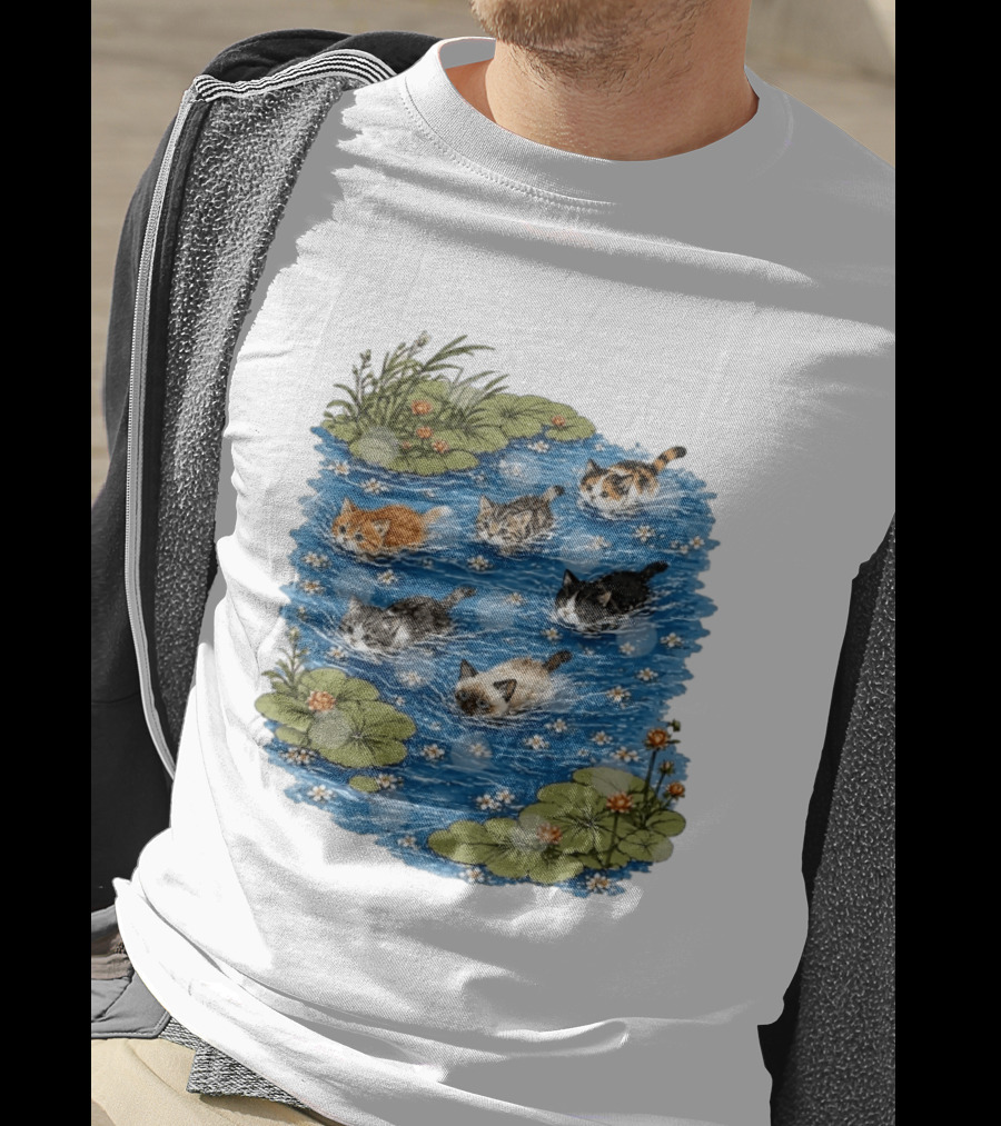 Kittens Swimming Among Water Lilies In Pond Scene T-Shirt