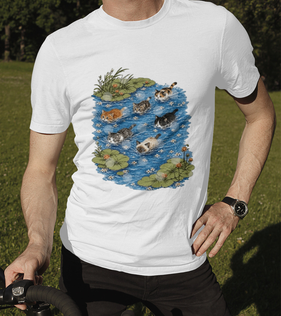 Kittens Swimming Among Water Lilies In Pond Scene T-Shirt