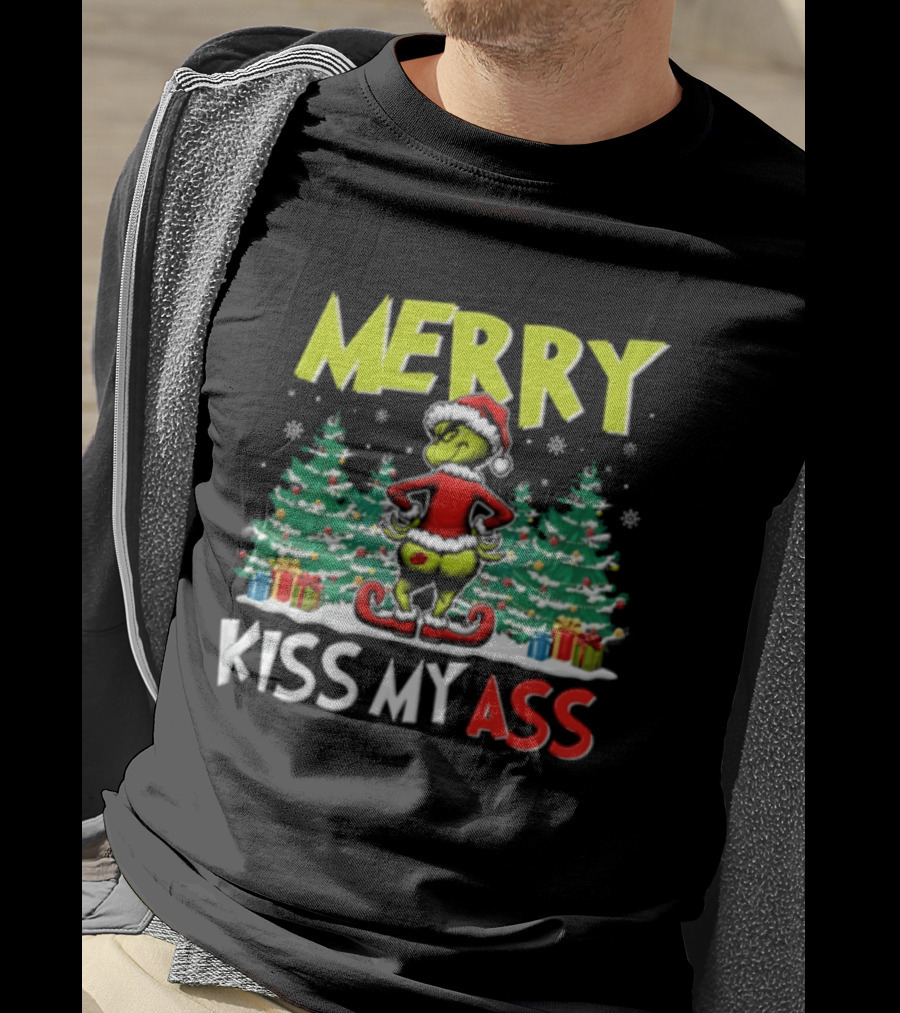Merry Kiss My Ass Grinch Santa Outfit Mooning Christmas Trees And Gifts T-Shirt