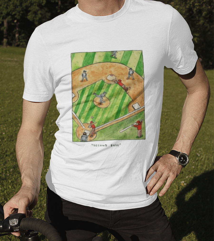 Second Base Baseball Cartoon Humor Action Play Scene T-Shirt