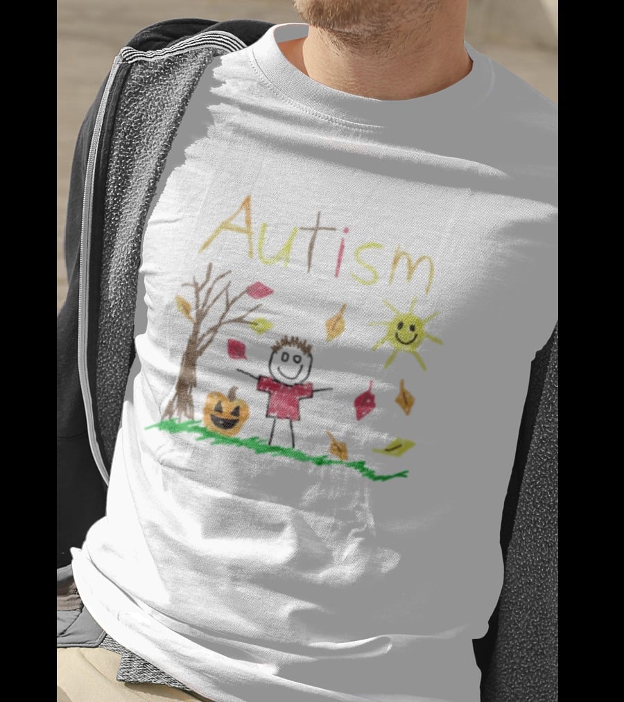 Autism Awareness Child With Pumpkin Autumn Leaves Sun And Tree T-Shirt