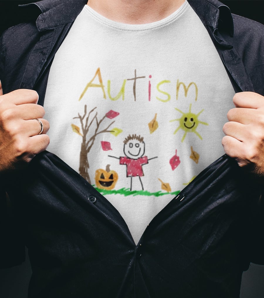 Autism Awareness Child With Pumpkin Autumn Leaves Sun And Tree T-Shirt