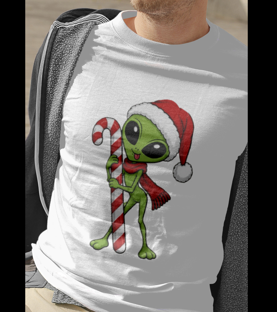 Green Santa Hat Alien With Red Scarf Holding Candy Cane Christmas T-Shirt