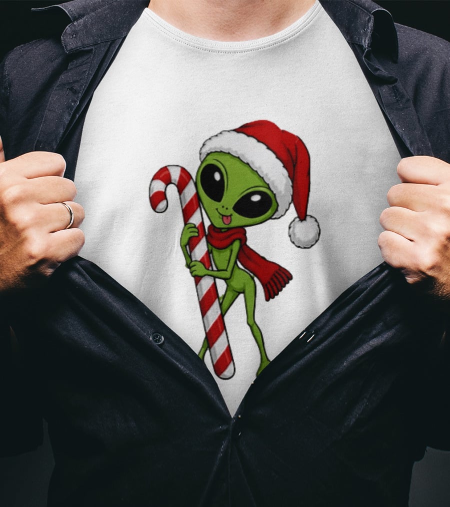 Green Santa Hat Alien With Red Scarf Holding Candy Cane Christmas T-Shirt