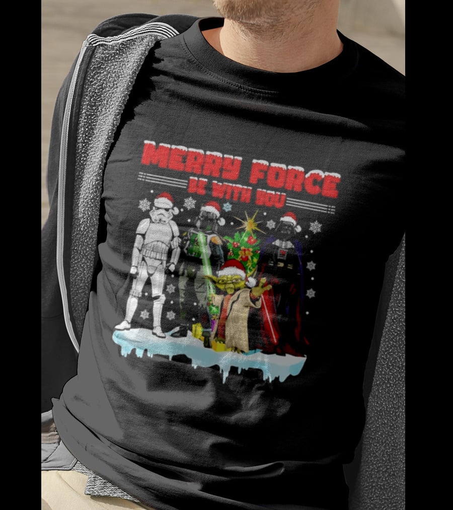 Star Wars Merry Force Be With You Christmas Characters Stormtrooper Yoda Darth Vader Santa Hats T-Shirt