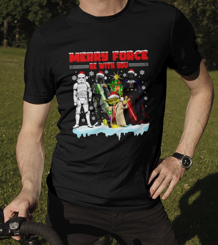 Star Wars Merry Force Be With You Christmas Characters Stormtrooper Yoda Darth Vader Santa Hats T-Shirt