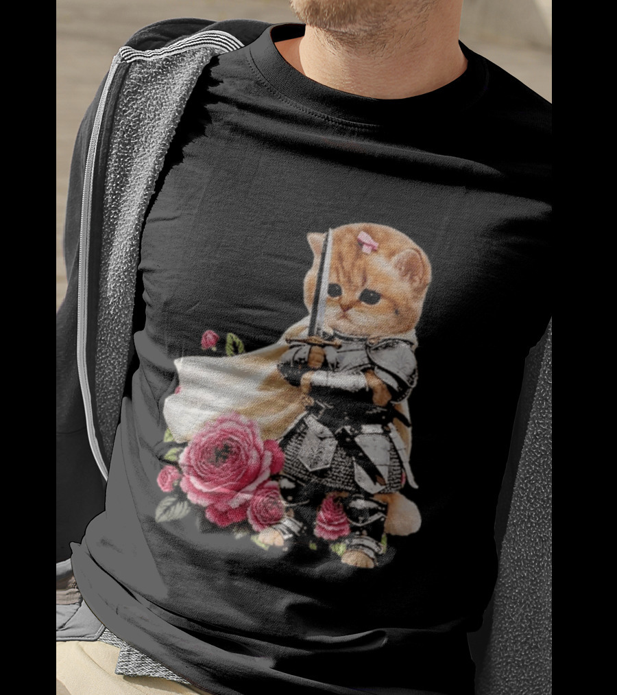 Knight Cat Holding Sword With Roses T-Shirt