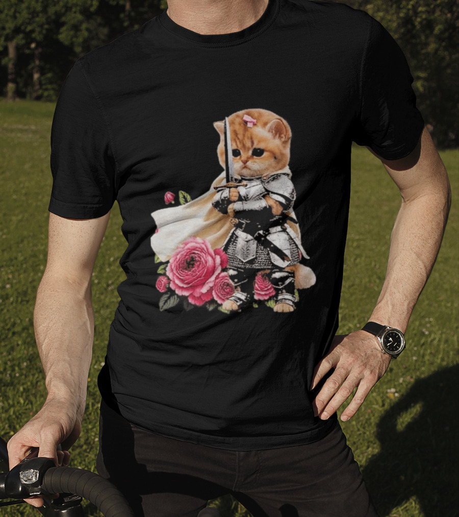 Knight Cat Holding Sword With Roses T-Shirt