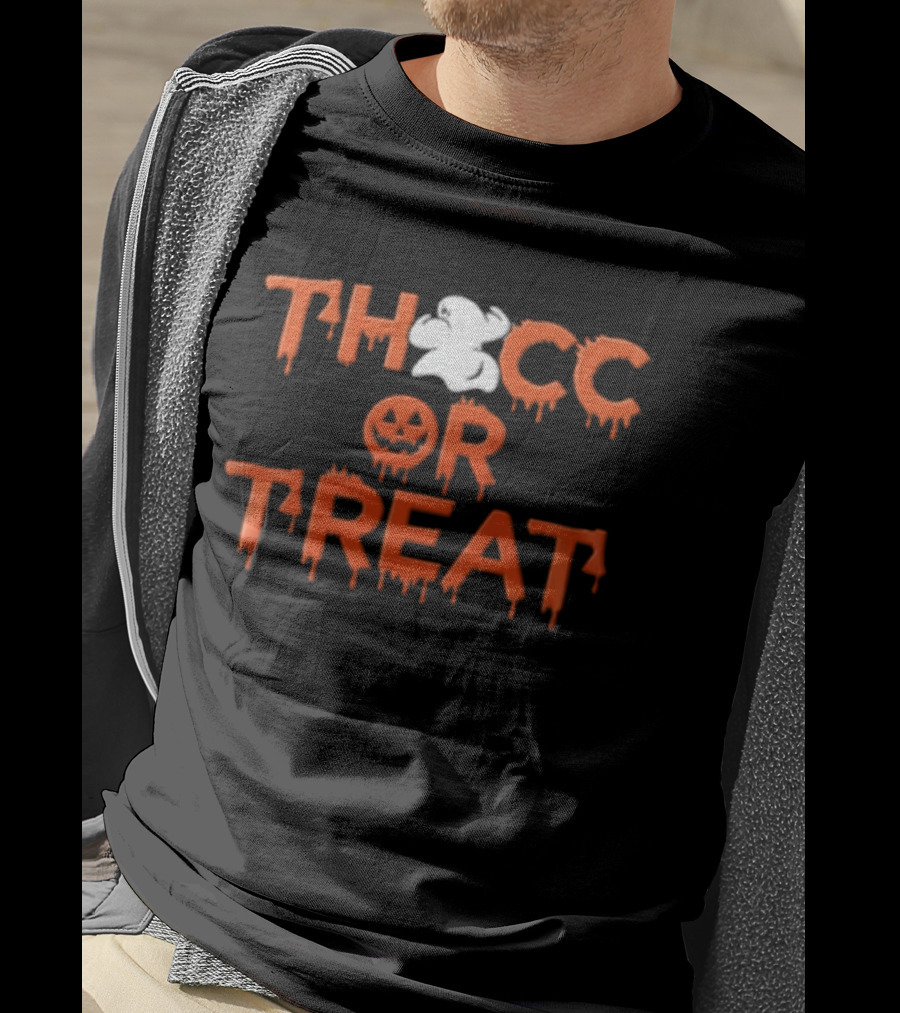 Thocc Or Treat Ghost Jack O Lantern Dripping Font Halloween T-Shirt