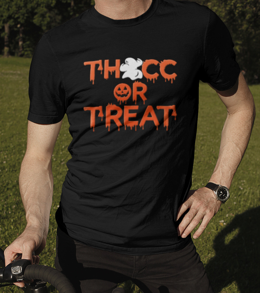 Thocc Or Treat Ghost Jack O Lantern Dripping Font Halloween T-Shirt