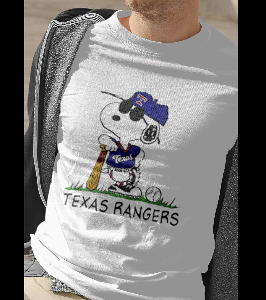 Snoopy Texas Rangers MLB Baseball Uniform With Sunglasses And Bat T-Shirt