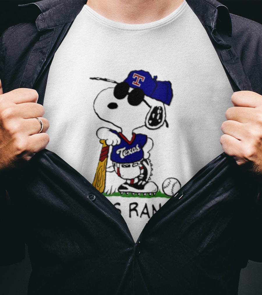 Snoopy Texas Rangers MLB Baseball Uniform With Sunglasses And Bat T-Shirt