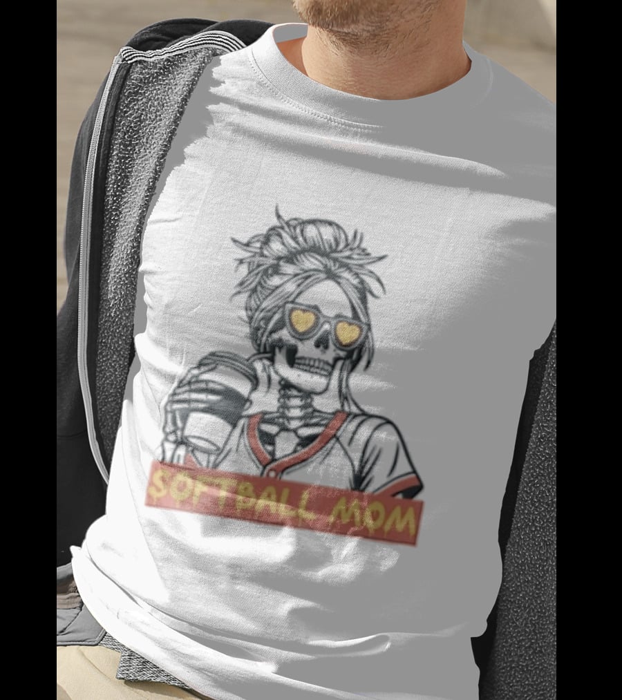 Softball MOM Skeleton Messy Bun Heart Sunglasses Coffee T-Shirt