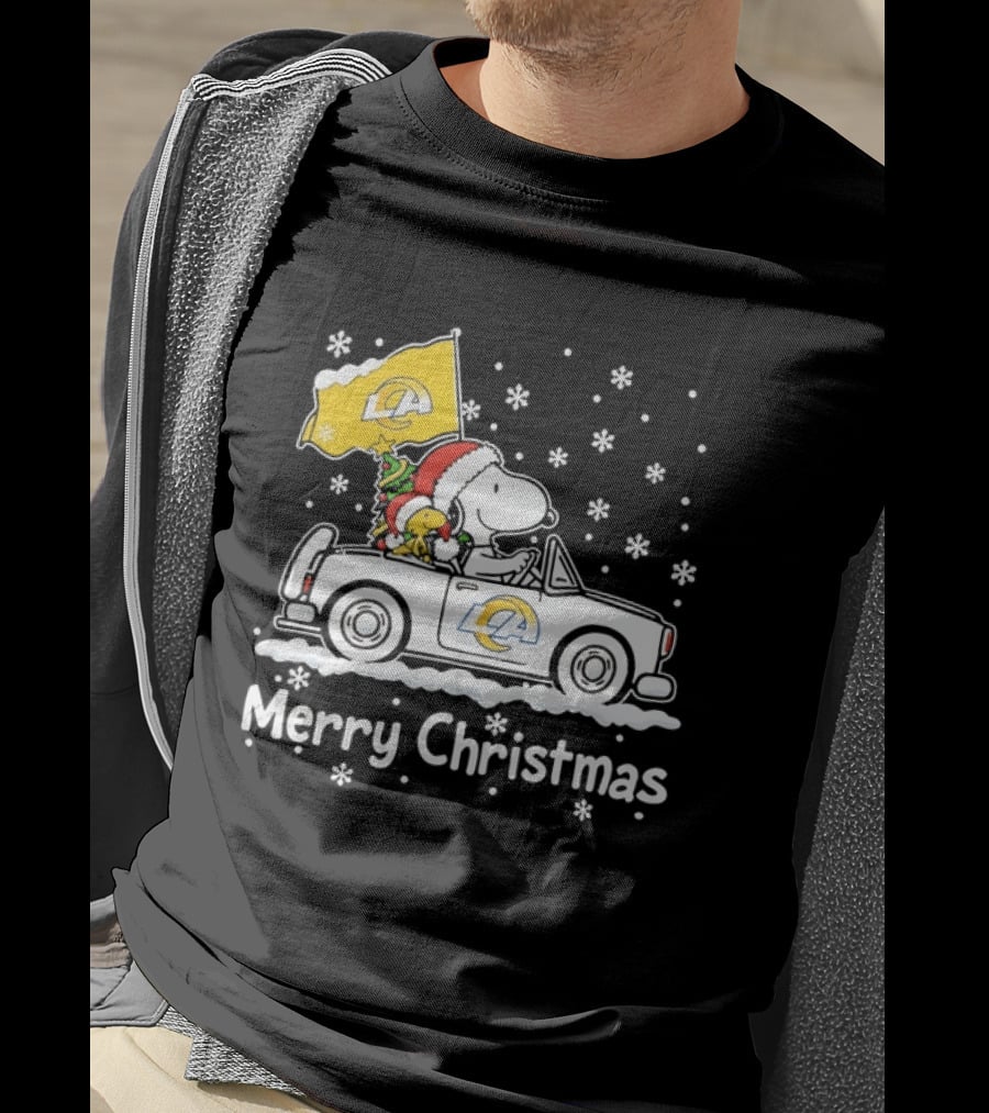 Los Angeles Rams Snoopy Woodstock Merry Christmas Car Holiday T-Shirt