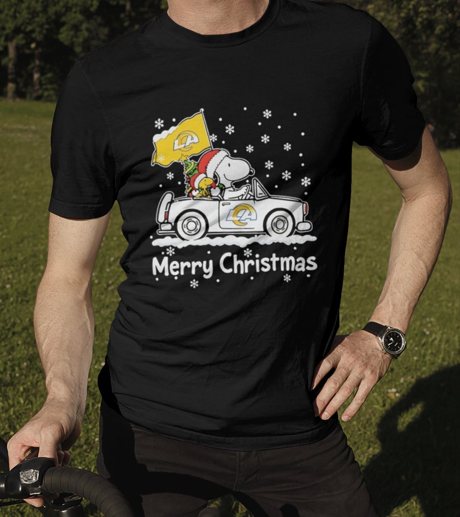 Los Angeles Rams Snoopy Woodstock Merry Christmas Car Holiday T-Shirt