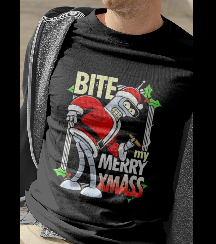 Bender Bite My Merry Xmass Futurama Santa Cigarette Hollys T-Shirt