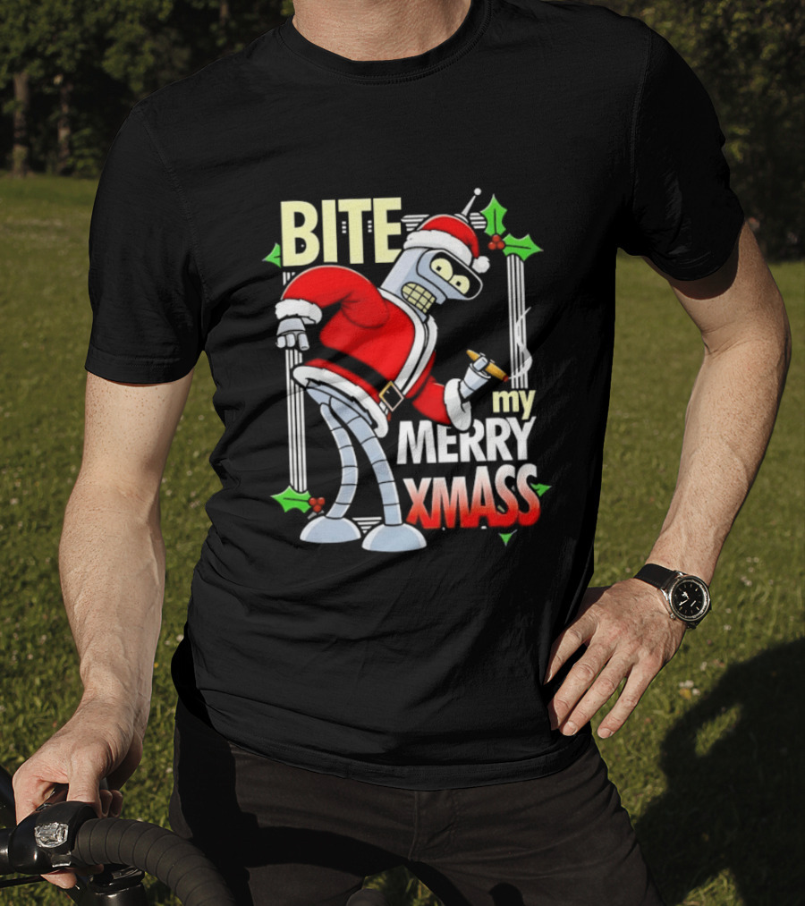 Bender Bite My Merry Xmass Futurama Santa Cigarette Hollys T-Shirt