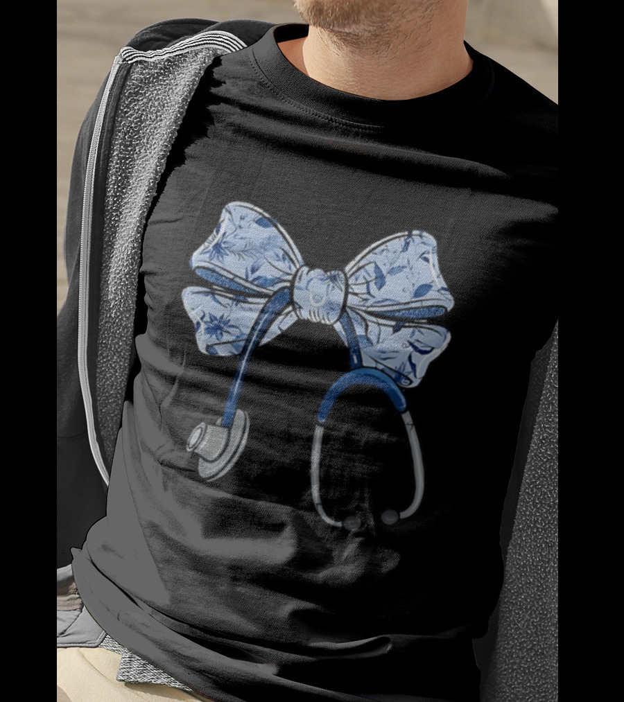 Blessed Are The Healers Matthew Stethoscope Blue Floral Bow T-Shirt