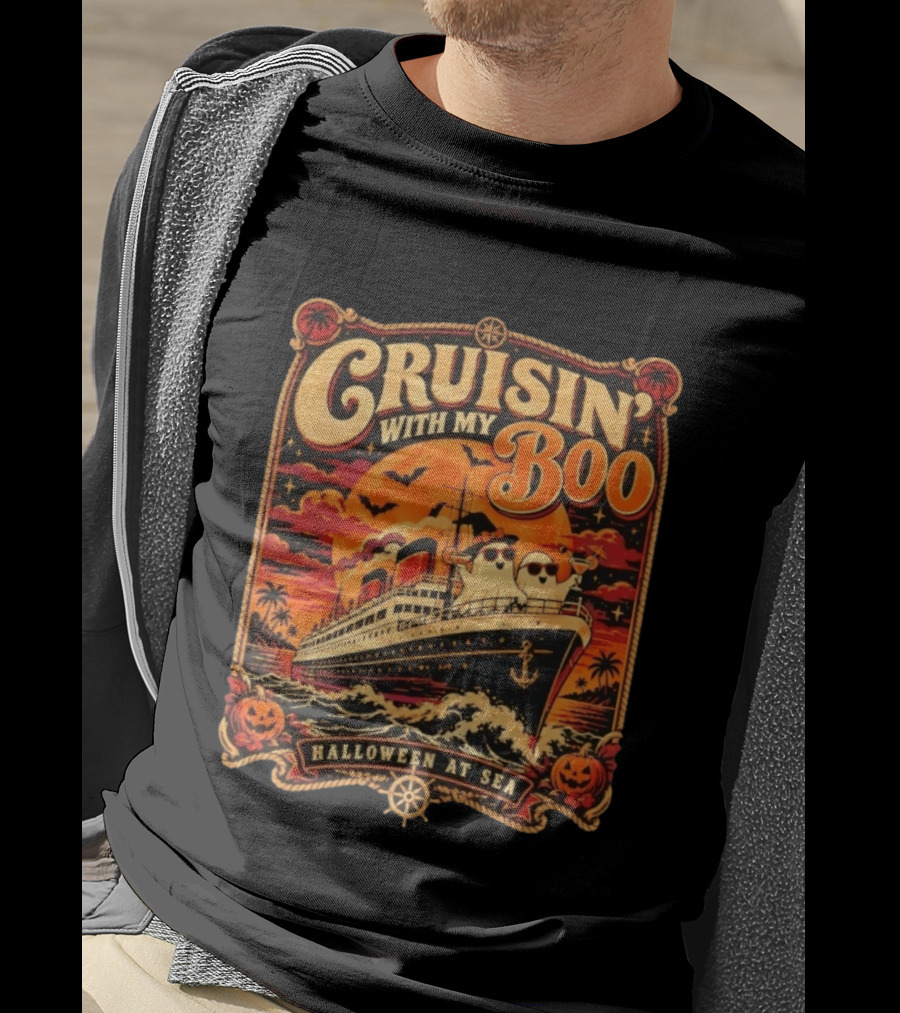 Cruisin' With My Boo Halloween At Sea Ship Ghosts Pumpkins Full Moon T-Shirt
