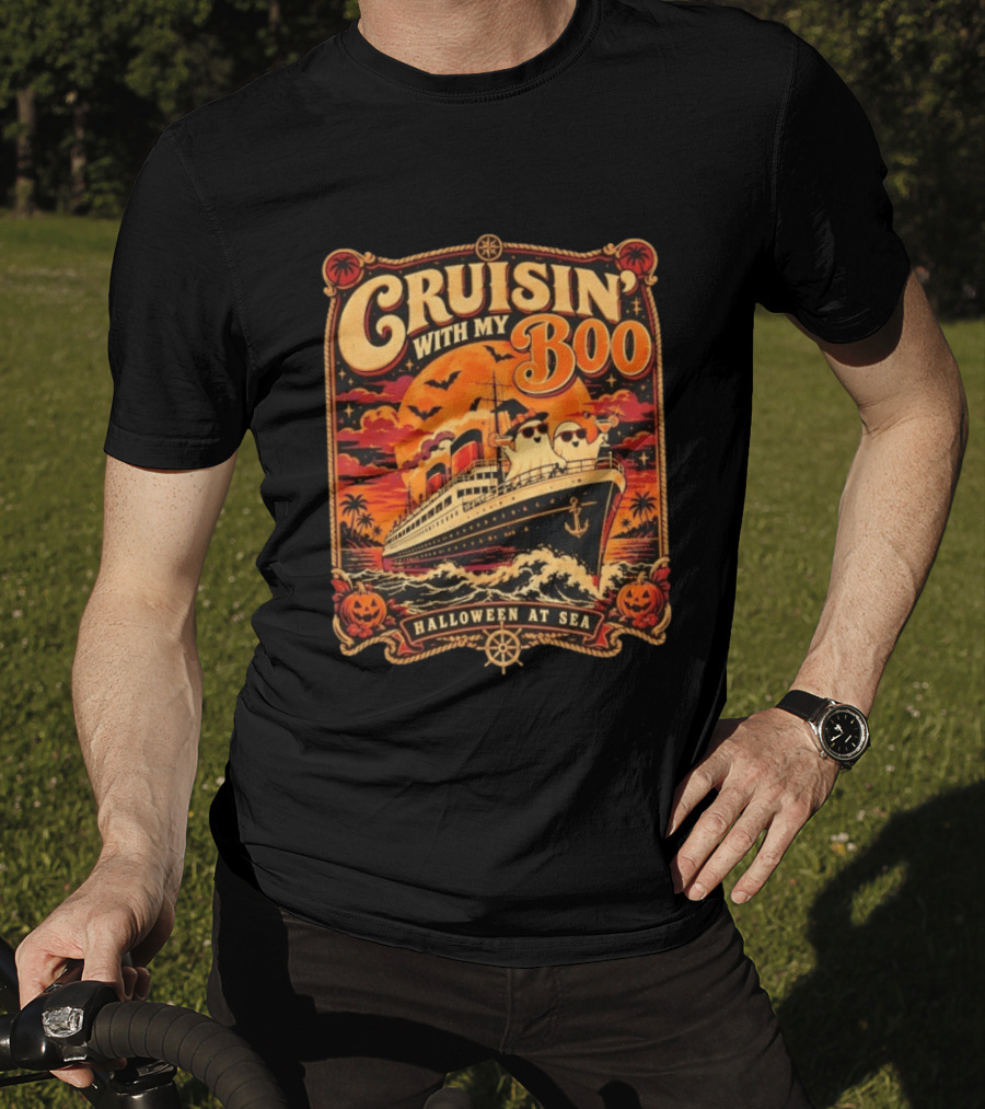 Cruisin' With My Boo Halloween At Sea Ship Ghosts Pumpkins Full Moon T-Shirt