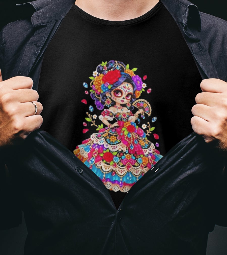 Day Of The Dead Catrina Girl Floral Dress Colorful Sugar Skull T-Shirt