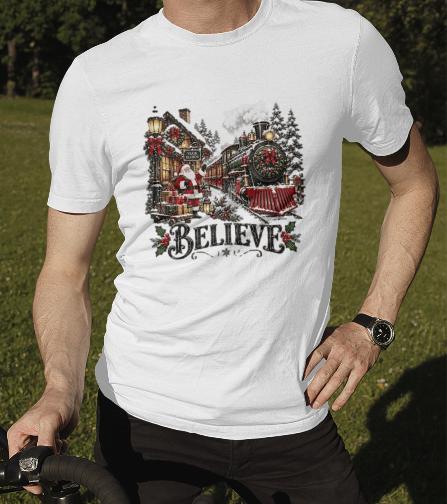 Believe Santa Claus At The Christmas Train Station With Snowy Locomotive Ornaments T-Shirt