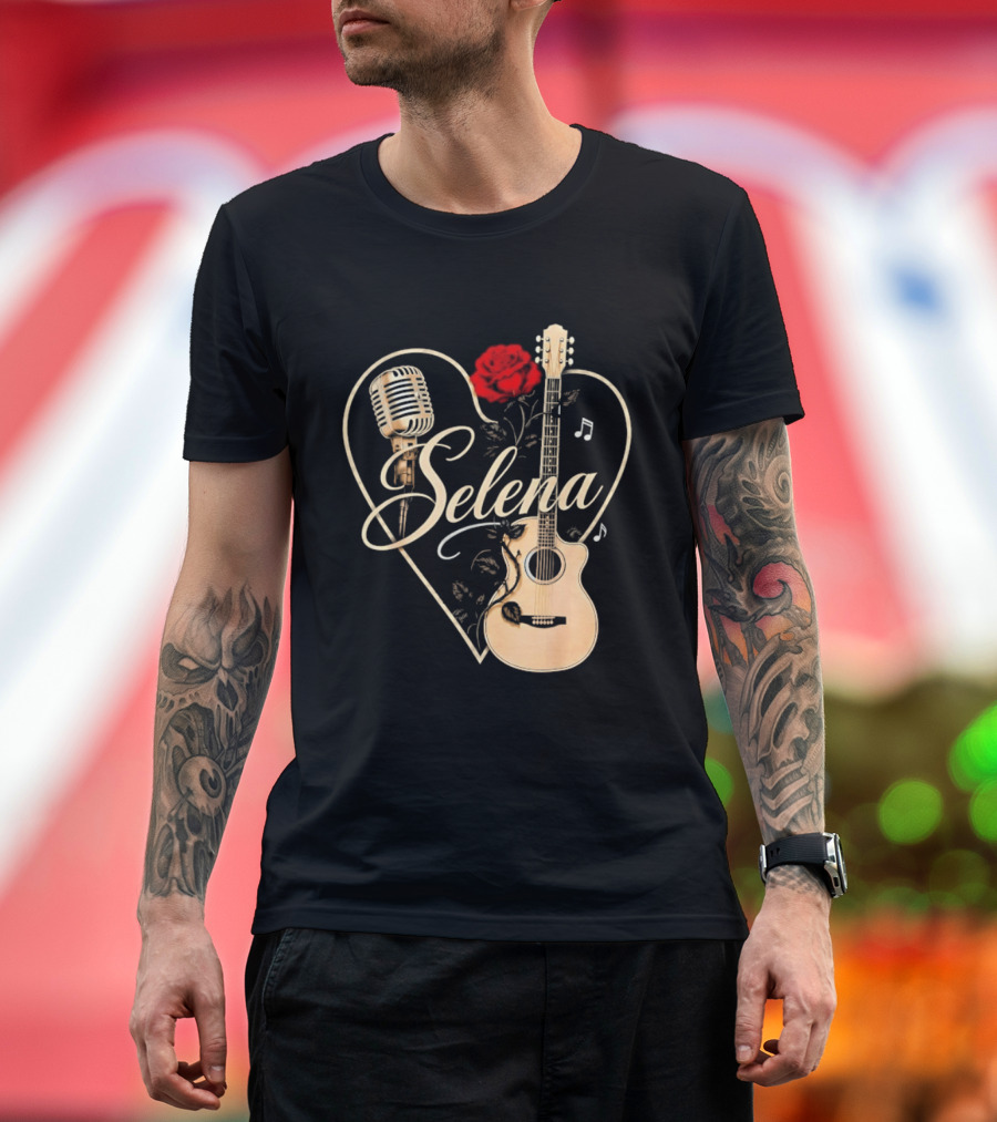 Selena Heart With Rose Microphone Guitar Music Notes T-Shirt