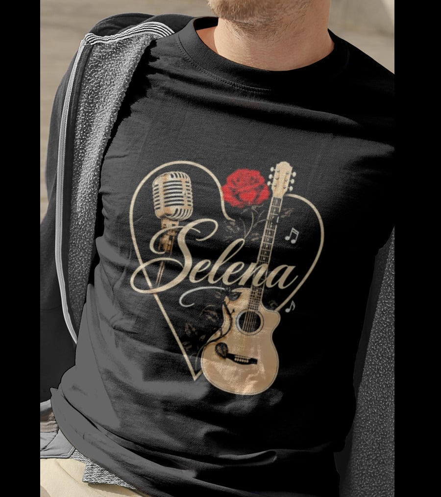 Selena Heart With Rose Microphone Guitar Music Notes T-Shirt