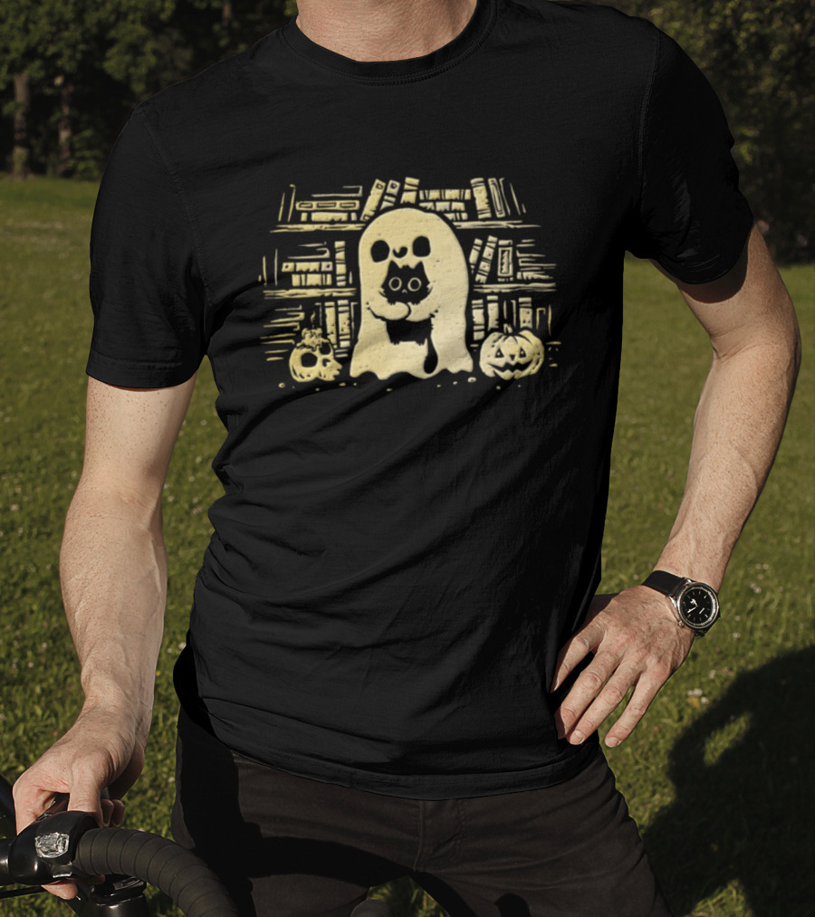 Ghostly Hugs Black Cat Embrace With Pumpkin And Skull In Library T-Shirt