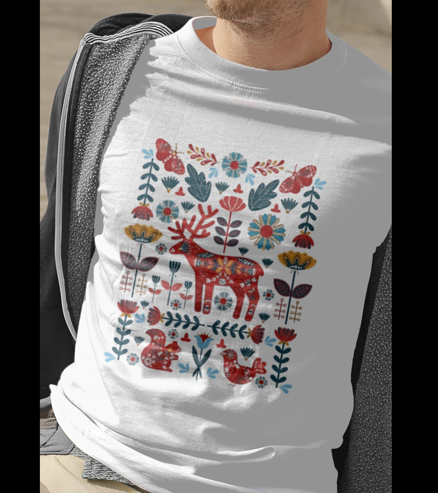 Scandinavian Folk Art Reindeer Forest Animals Flowers And Nature Wildlife T-Shirt